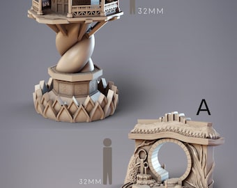 May include: Two miniature architectural models. One is a multi-tiered pagoda-style structure, and the other is a small arched building with a circular opening. Both are beige and appear to be 3D-printed. The logo for Cobra Mode Miniatures is at the bottom.