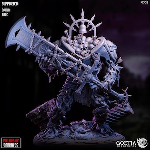 May include: A detailed miniature figure of a monstrous warrior, predominantly gray, with a large, ornate weapon. The figure is adorned with skulls, chains, and spikes, and stands on a textured base. The figure is labeled "Supported 50mm Base" and "Pillars of Darkness".