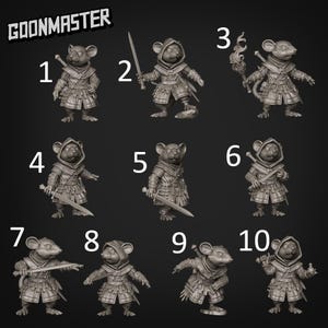 May include: Ten miniature figurines of mice in medieval warrior attire. Each mouse is wearing armour and some are holding weapons such as swords and torches. The text "GOONMASTER" is displayed at the top of the image.