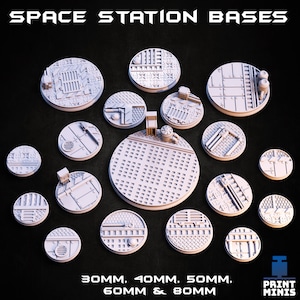 May include: A set of 16 round, white plastic bases for miniature figures. The bases are designed to look like a space station floor, with various textures and details. The bases are available in sizes ranging from 30mm to 80mm.