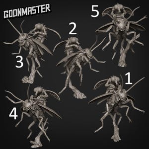 May include: A collection of five detailed insect figurines, each featuring a rider figure atop a large insect. The figurines are in a grayscale color palette, with the text "GOONMASTER" in the upper left corner and numbers 1-5 labeling each figurine.