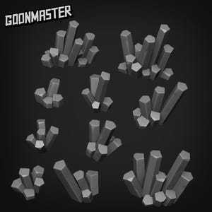 May include: A collection of gray, geometric crystal clusters against a dark background. The crystals vary in size and arrangement, with the text "GOONMASTER" in the upper left corner. The crystals have a faceted appearance.