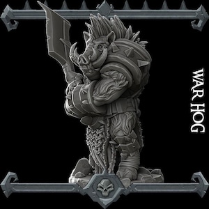 May include: A detailed gray figurine of a war hog warrior, holding a large axe. The figurine is wearing armor and has a mohawk. The base of the figurine has a skull emblem and the text "WAR HOG" is visible.