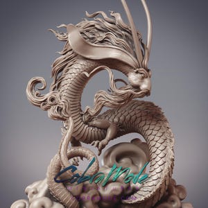 May include: A detailed sculpture of a Chinese dragon in a coiled pose, with intricate scales, flowing mane, and whiskers. The dragon is a light beige color, set against a neutral background. The sculpture is resting on a cloud base. The text "CobraMode" is visible.