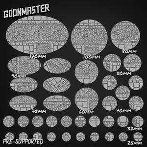 May include: A collection of pre-supported miniature bases in various sizes, including 25mm, 32mm, 40mm, 50mm, 60mm, 75mm, 80mm, 90mm, 100mm, and 170mm. The bases feature a cobblestone texture and are labeled with their respective sizes in millimeters.