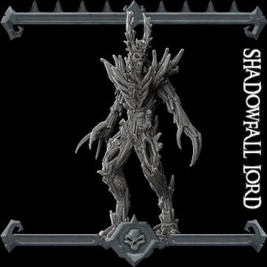 May include: A gray, detailed figurine of a humanoid tree-like creature with sharp claws and a skull-like face. The figure is standing on a base with a skull emblem. The text "SHADOWFALL LORD" is visible on the right side of the image.