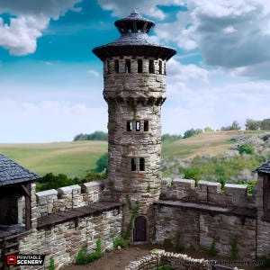 May include: A detailed model of a stone tower with a conical roof, part of a castle or fortress. The tower is constructed from light brown stones and is surrounded by a stone wall. The sky is blue with white clouds, and a green field is in the background.