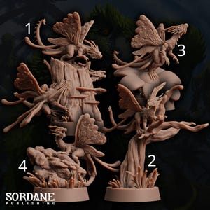 May include: A collection of four detailed fantasy dragon figurines. Each dragon has intricate wing and body designs, perched on various natural elements like a tree stump, flower, and rock formation. The figurines are a neutral brown color, with the "Sordane Publishing" logo at the bottom.