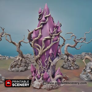 May include: A purple crystal structure with a detailed design, surrounded by leafless trees and rocky terrain. The structure has a central spire with smaller crystal formations and is intertwined with branches. The image includes the text "PRINTABLE SCENERY" and a website address.