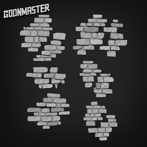 May include: Six grey stone wall sections in various shapes and sizes are displayed against a dark background. The text "GOONMASTER" is in the upper left corner. The stone walls are made of rectangular and irregularly shaped stones.