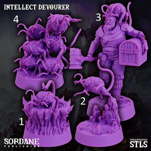 Peut inclure: Plusieurs figurines violettes imprimées en 3D, dont un dévoreur d'intellect et un guerrier tenant un marteau et un coffre au trésor. Les figurines sont sur des socles circulaires et présentent des détails complexes. Le texte "INTELLECT DEVOURER" est en haut.