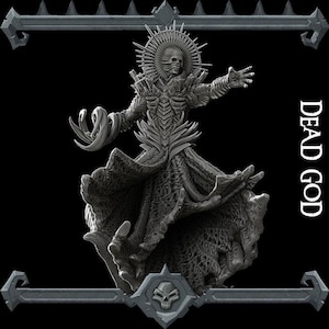 May include: A detailed grey sculpture of a skeletal figure with a halo, intricate armour, and flowing robes. The figure's arms are outstretched, and the text "DEAD GOD" is vertically displayed on the right side. The sculpture is framed by decorative grey borders.