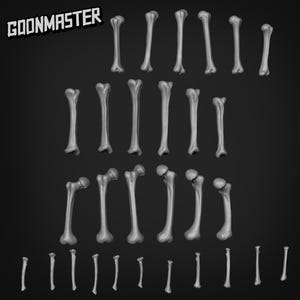 Puede incluir: Colección de modelos de huesos grises impresos en 3D, incluyendo fémures, tibias y huesos más pequeños, dispuestos sobre un fondo oscuro. El texto "GOONMASTER" se encuentra en la esquina superior izquierda.