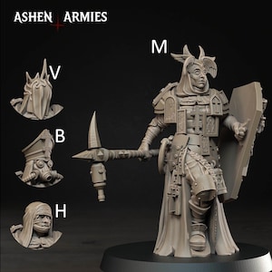 May include: A detailed, grey miniature figure of a warrior holding a pickaxe and shield. The figure is wearing armour and a hooded cloak. The image also shows three additional head options labelled V, B, and H. The text "ASHEN ARMIES" is at the top.