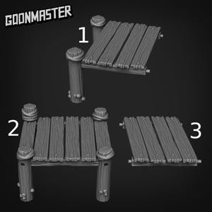 May include: Three gray wooden dock models, each with a different design. The docks are made of planks and supported by wooden posts wrapped with rope. The image includes the text "GOONMASTER" in the upper left corner and numbers 1, 2, and 3.