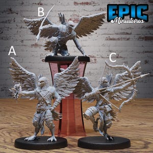 May include: Three detailed miniature figurines of winged creatures in various action poses. The figurines are gray and feature intricate feather and armor details. One figure is kneeling with a bow, another is holding a weapon, and the third is drawing a bow. The Epic Miniatures logo is in the top right.