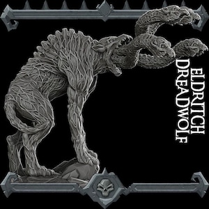 May include: A gray, detailed sculpture of a multi-headed wolf-like creature, the Eldritch Dreadwolf, with a textured, vein-like pattern. The sculpture is set against a black background and framed with decorative elements.