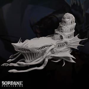 May include: A detailed, light gray 3D-printed model of a fantastical sea creature with a fortress-like structure on its back. The creature has a large, toothy maw, tentacles, and fin-like appendages. The model is labeled "SORDANE PUBLISHING".
