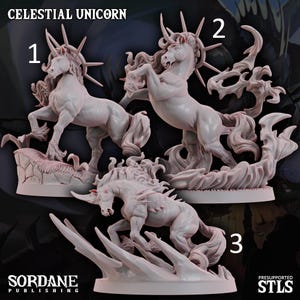 May include: Three white unicorn figurines with detailed features. Each unicorn has a spiralled horn, flowing mane, and a sun-like halo. The figurines are labelled 1, 2, and 3. The text "CELESTIAL UNICORN" is at the top.