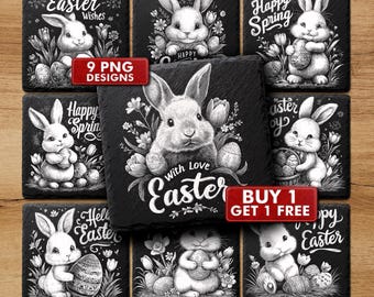 Easter Engraving Laser Files PNG for for Slate Coaster, Set Easter Rabbit Burned Files | #2035