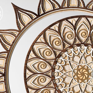 May include: A detailed wooden mandala with intricate patterns and layers, cut in a circular shape. The mandala is made of light and dark wood, creating a beautiful contrast.