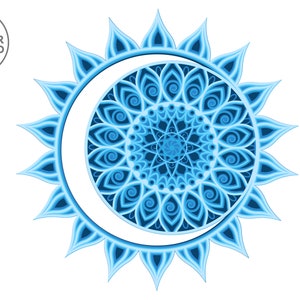 May include: A blue and white mandala design with a crescent moon shape. The mandala features intricate details and a spiral pattern.