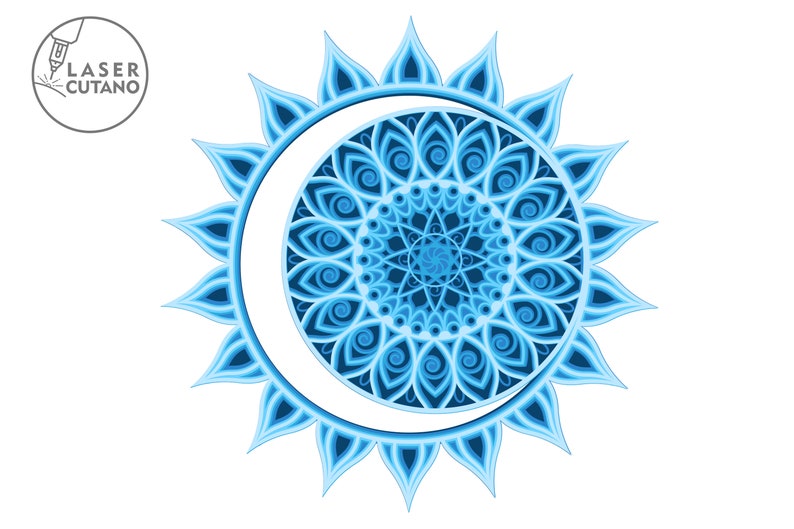 May include: A blue and white mandala design with a crescent moon shape. The mandala features intricate details and a spiral pattern.