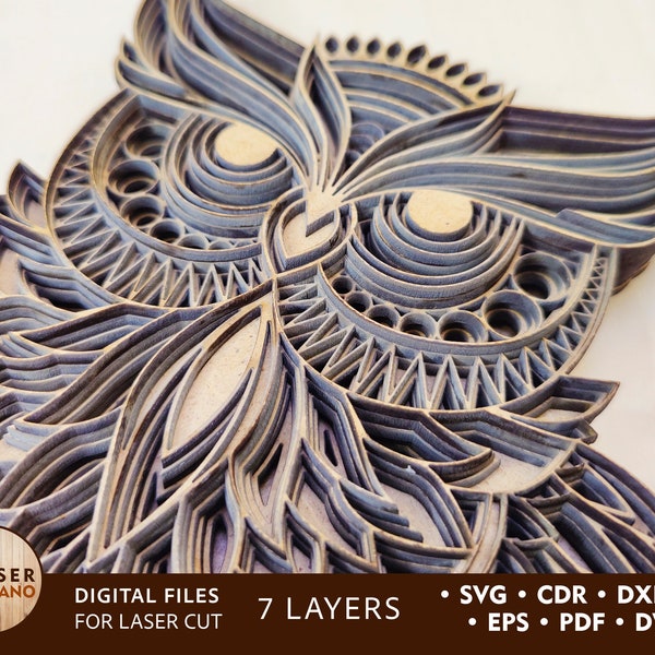 Laser Files - OWL - Multilayer Laser Cut Bird vector images, laser cutting and laser cut template, laser dxf and laser svg | #105