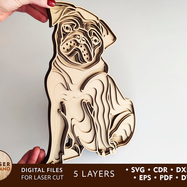 PUG DOG Laser Cut Files Svg Dog File and Dog Dxf Wood, Layered Dog Svg Design and Laser Cut Animal Svg Pattern, laser cut files xtool | #430