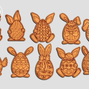 May include: Eight wooden Easter bunny and elephant ornaments with different patterned eggs. The ornaments are all in a light brown color and have a wood grain texture.