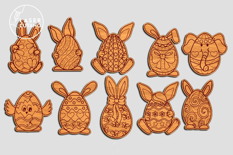 May include: Eight wooden Easter bunny and elephant ornaments with different patterned eggs. The ornaments are all in a light brown color and have a wood grain texture.