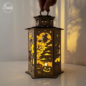 Wooden Halloween tea light holder lantern made from MDF with bat and pumpkin cutouts