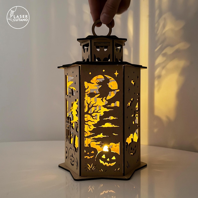 Wooden Halloween tea light holder lantern made from MDF with bat and pumpkin cutouts