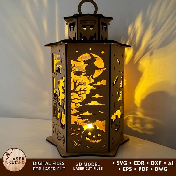 Lantern HALLOWEEN Laser Files Glowforge Svg Dxf Tea Light Halloween Decor Lamp Candle Holder Xtool Lightburn Files Decor | #698