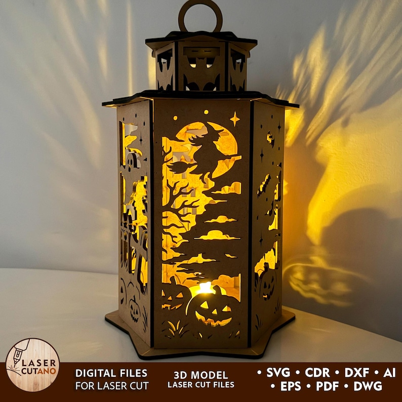 Halloween lantern SVG DXF laser cut from 3mm wood glowing with LED tea light