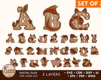 Puede incluir: Conjunto de 26 letras del alfabeto cortadas con láser con diseños de animales. Cada letra es marrón y tiene un patrón de puntos blancos. Las letras están dispuestas en tres filas. El texto "SET OF 26" está en la parte superior de la imagen. El texto "DIGITAL FILES FOR LASER CUT" está en la parte inferior izquierda de la imagen. El texto "3 LAYERS" está en la parte inferior central de la imagen. El texto "SVG CDR DXF AI EPS PDF DWG" está en la parte inferior derecha de la imagen.
