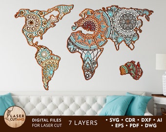 Laser Cut Files MANDALA MAP svg cricut files and 3d wooden map template, multilayer mandala svg files for cricut laser engraved | #155