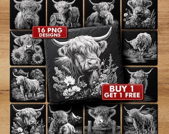 Highland Cow Engraving Slate Coasters Png, Farm Burning Glowforge & XTool Designs | #2047