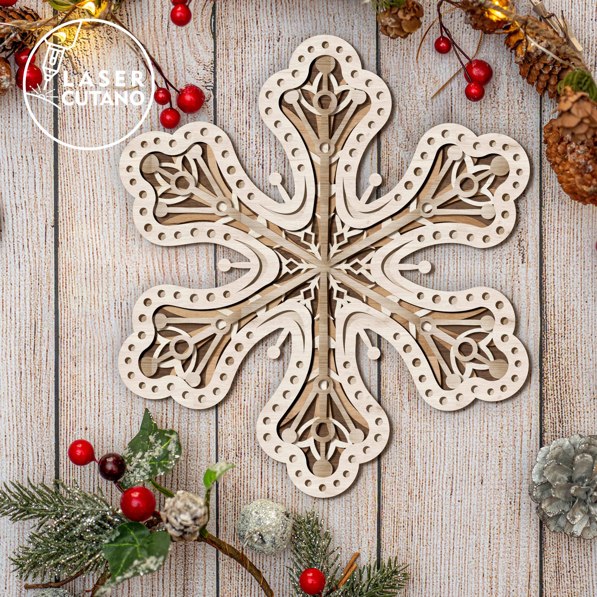 Laser Cut Wood Snowflakes Ornaments. Wooden Snowflakes on Brown Background.  Christmas Holliday Concept. Stock Photo - Image of ornament, design:  103424876