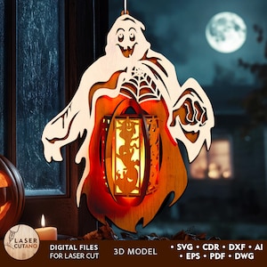 May include: A wooden Halloween ghost lantern with a smiling face, a spiderweb, and a glowing orange interior. The lantern is hanging and has a 3D model design. The text "DIGITAL FILES FOR LASER CUT" and "3D MODEL" are visible.