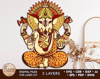 Puede incluir: Un diseño de corte láser de cinco capas de la deidad hindú Ganesha. El diseño presenta detalles intrincados y un esquema de color tradicional de rojo, naranja y amarillo.