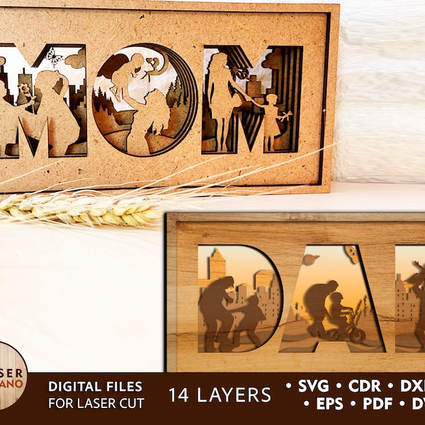 MOM DAD Mother's Day Laser Cut Father's Day Svg and Laser templates, lightburn file and laser cutter and laser cut models, dxf ai cdr | #264