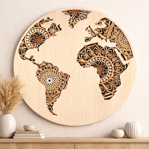 Mapa del mundo mandala cortado con láser SVG, archivo de arte mural de mapa del mundo redondo, decoración de viaje de madera para Glowforge xTool LightBurn / #170