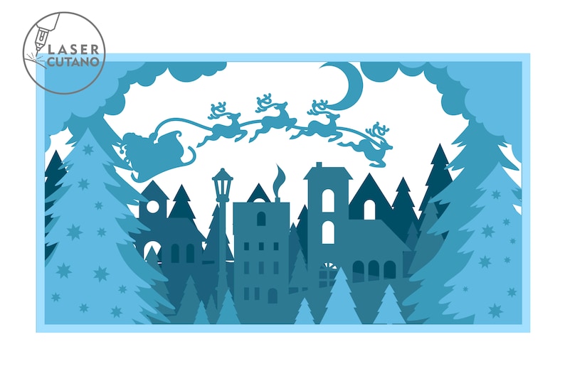 May include: A blue silhouette of a winter village with a crescent moon and Santa Claus flying overhead in a sleigh pulled by reindeer. The village is surrounded by pine trees and snow.