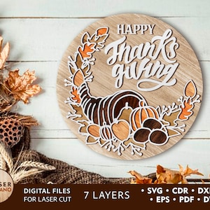 Giorno del Ringraziamento Svg per taglio laser File di taglio laser di ringraziamento Glowforge, Decorazione del Ringraziamento e Segno autunnale, Appendiabiti per porta di file laser autunnali / #498