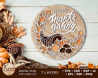 Thanksgiving Day Svg for Laser Cut Thankful Laser Cut File Glowforge, Thanksgiving Decor & Autumn Sign, Fall Laser Files Door Hanger | #498