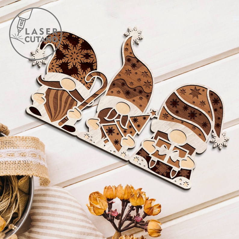 CHRISTMAS GNOMES Laser Cut Files Ornaments Dxf Files and Christmas Laser Design, Gnome Files for Xtool, laser cuttable files
