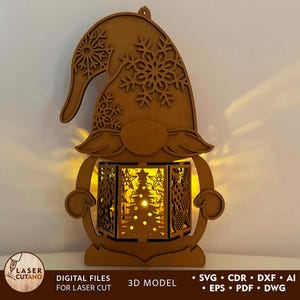 Archivo cortado con láser de Navidad Gnomo Svg Archivos de láser de lámpara navideña, Lámparas de noche navideñas 3D Glowgorge, Plantilla Dxf de soporte de luz de Año Nuevo / # 639