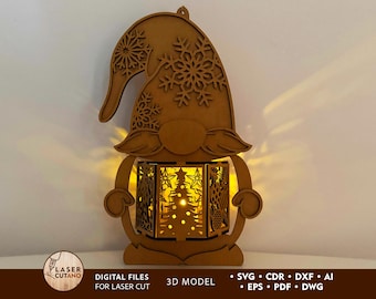 Christmas Laser Cut File Gnome Svg Christmas Lamp Laser Files, 3D Christmas Night Lamps Glowgorge, New Year Light Holder Dxf Template | #639