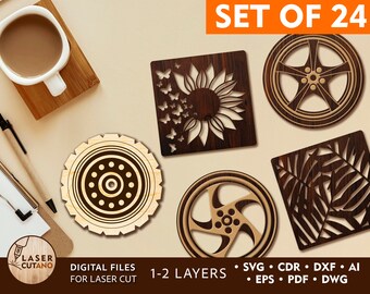 May include: Set of 24 laser cut coaster designs. The coasters feature a variety of designs, including a sunflower, a palm leaf, and a car wheel. The coasters are made of wood and have a brown finish.